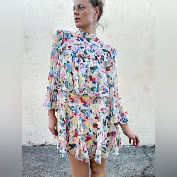 Doen Alette Silk Floral Long Sleeve Mini Dress Fleur Du Matin - Picture 6 of 14